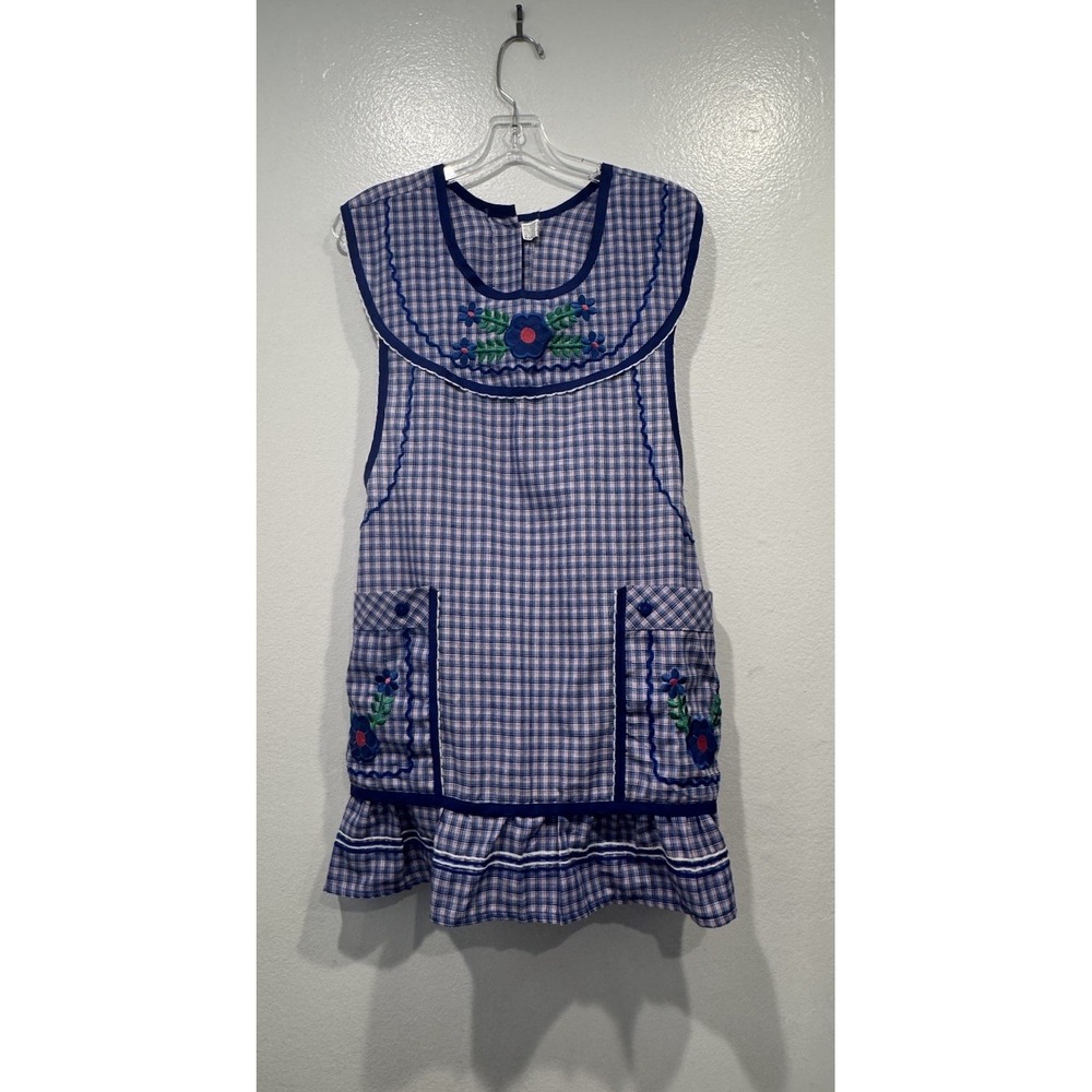Traditional Embroidered Mexican Apron Senora Abuela Floral Plaid Print Button